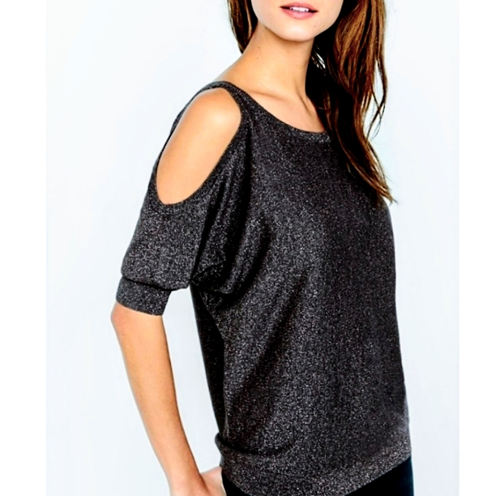 Express shimmer cold shoulder sweater top